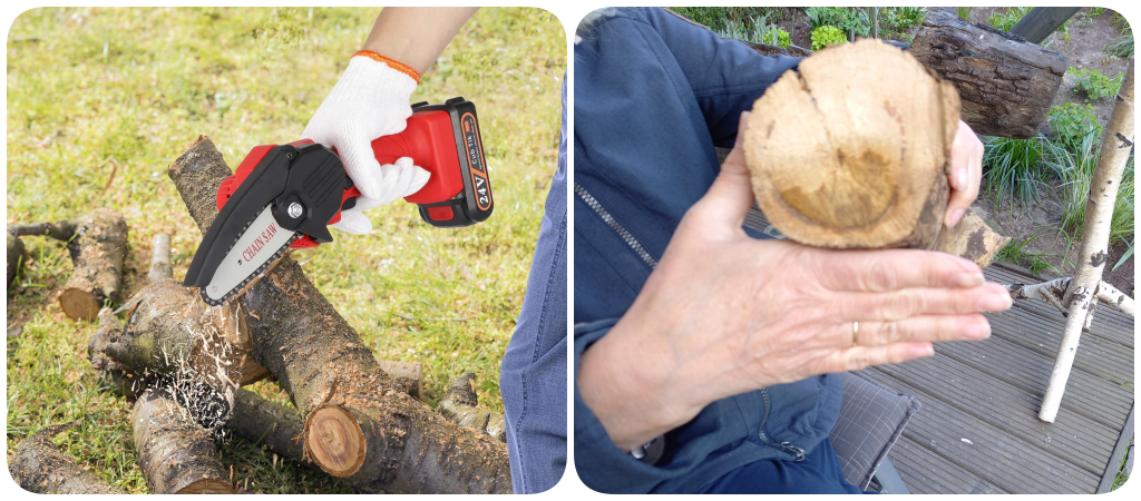 wood cutting with WoodRanger Chainsaw before and after images